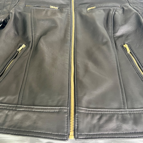 Cole Haan black lambskin leather moto jacket with gold-toned hardware - Picture 3 of 15